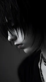 Monochrome emo portrait with soft side profile and chain.
