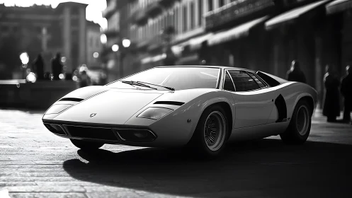 Classic white sports car parked on a city street at dusk.