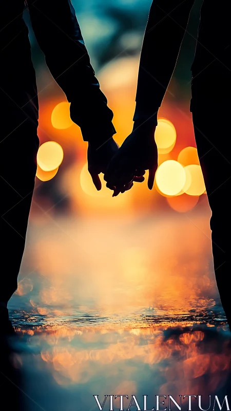 Silhouetted couple holds hands against golden citylight bokeh.