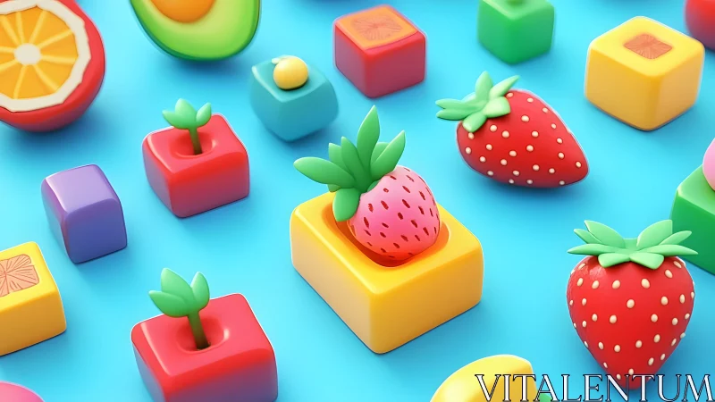 Playful 3D strawberries pop against bright candy blocks