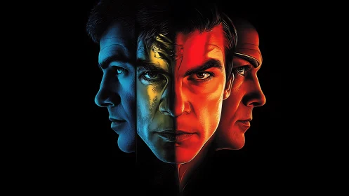 Triptych portrait merges three male profiles in split colors