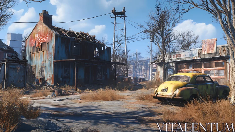 Abandoned suburban street shows rusted houses and yellow car