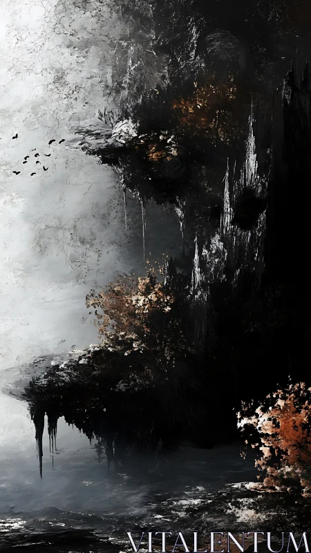 Moody cliffside landscape wrapped in mist and ember light.