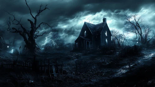Isolated wooden house in storm-lit nocturnal landscape.