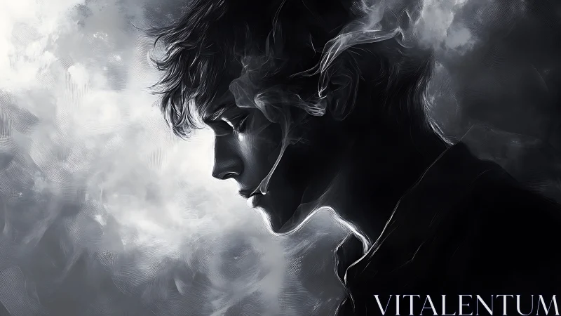 Smoky monochrome profile captures introspective tension.