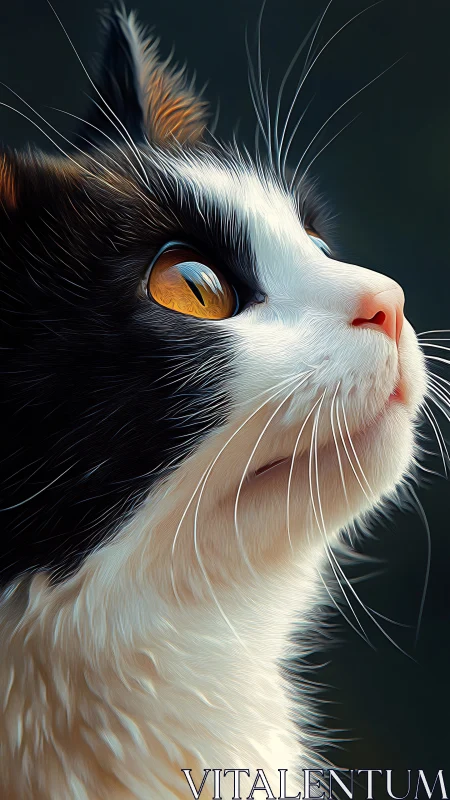 Black and White Cat with Golden Eyes. Digital Portrait.