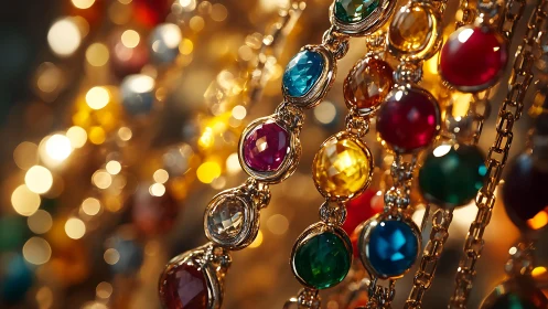 Gemstones gossip in golden chains under festival lights