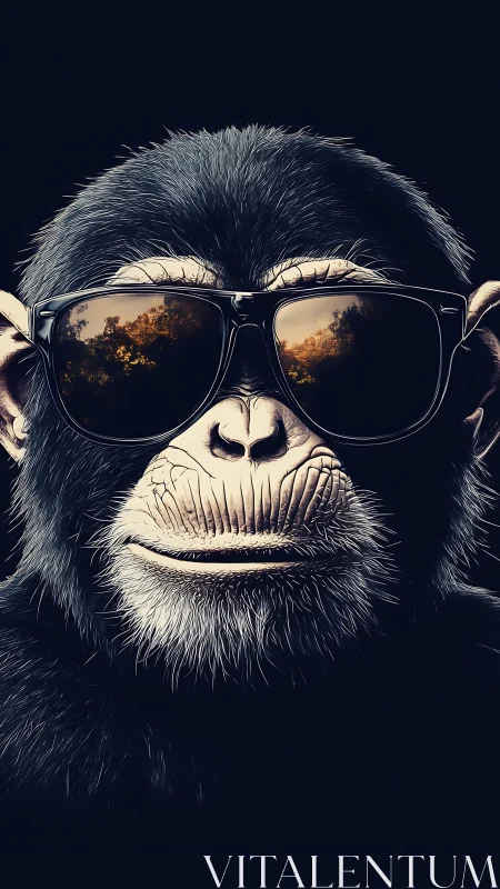 Cool monkey portrait wears reflective sunglasses in noir style