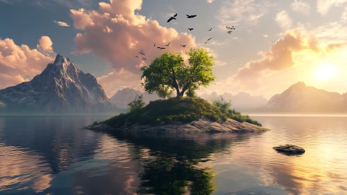 Solitary Tree on Misty Island Paradise.