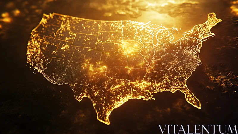 Illuminated USA map glowing with dense night city grids.