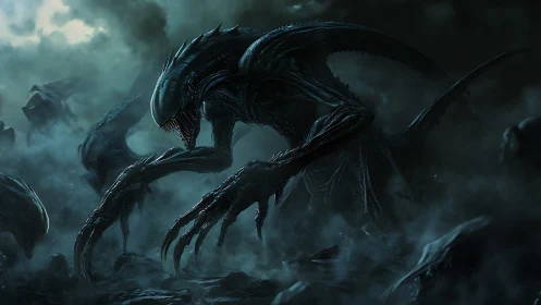 Bio-mechanical xeno predator emerging through toxic fog.