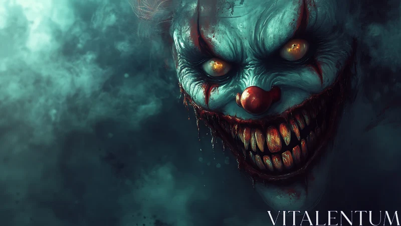 Demonic clown portrait with glowing eyes in toxic fog