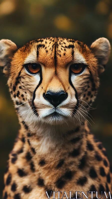 Frontal portrait of adult cheetah with blurred background.