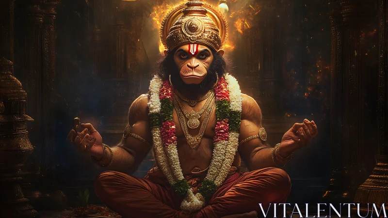Divine monkey warrior meditates in a glowing temple hall