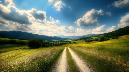 Rural dirt track under cumulus sky with panoramic valley view.