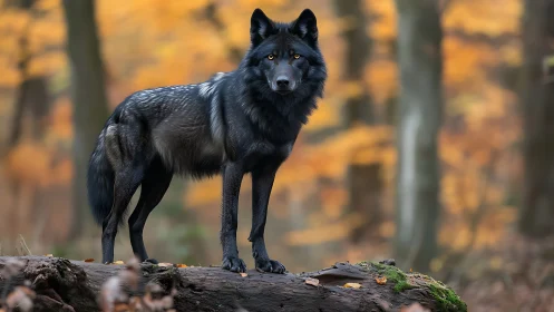 Photorealistic black wolf study on autumn forest log plane.