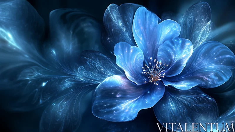 Luminous blue fractal flower blooms in cosmic darkness.