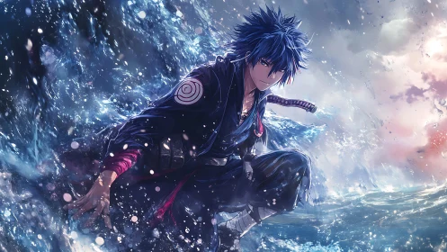 Storm-lit anime swordsman crouches in crashing ocean waves