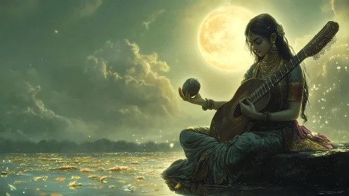 Moonlit Indian musician with lute beside reflective riverbank