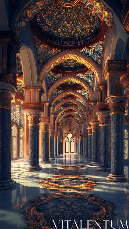 Digital render depicts ornate arched corridor with columns in series