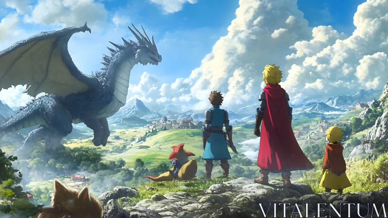 Heroic party confronting mountain dragon above valley kingdom