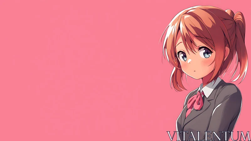 Side portrait of anime schoolgirl on flat pink backdrop.