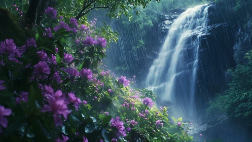 Rain-soaked purple flowers glow beside misty forest waterfall