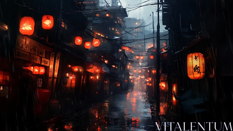 Rain-soaked alley with red lanterns in dense urban district.