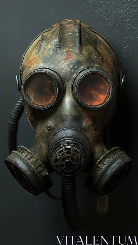 Weathered gas mask hangs in ominous, post-apocalyptic light