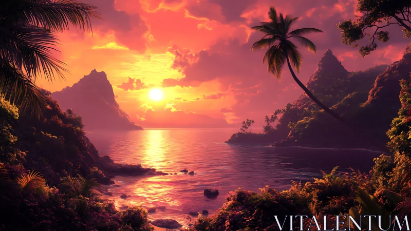 Sunset spell over tropical cliffs and shimmering coral sea.