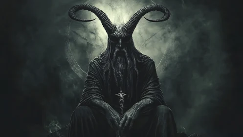 Horned shadow lord sits in brooding occult twilight
