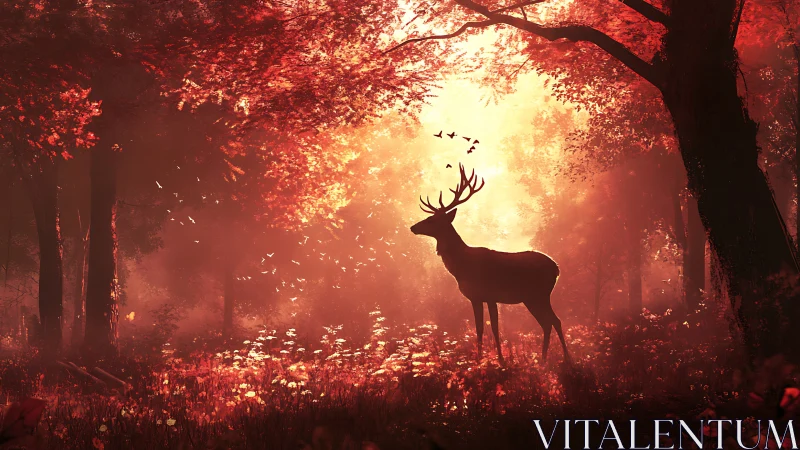 Stag stands in glowing red forest under backlit sunrise