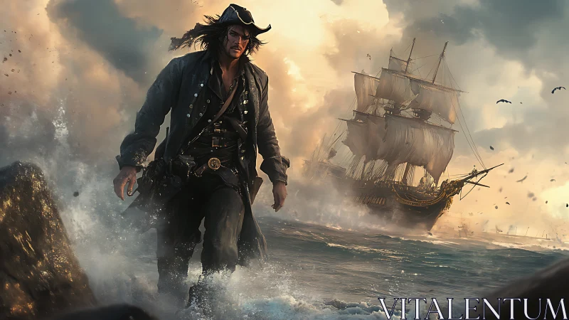 Pirate figure on rocky shore with sailing ship in surf.