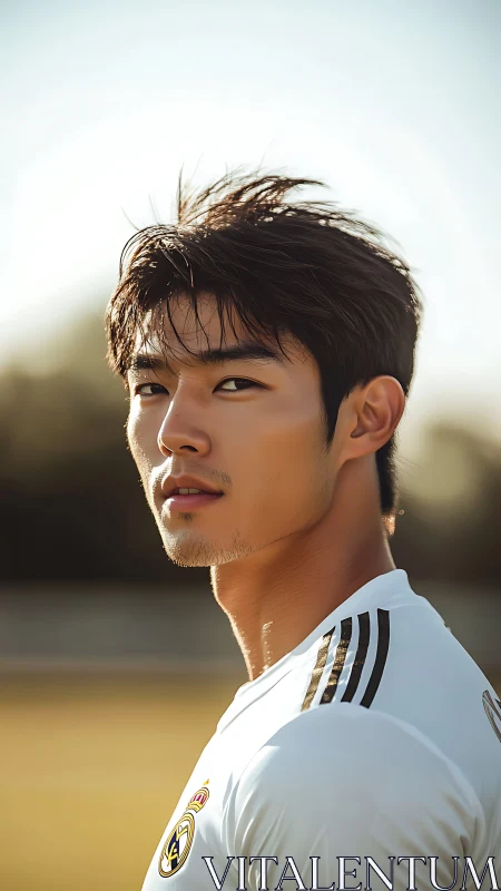 Sunlit football portrait with focused sidelong gaze.