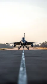 Military jet aircraft is centered on runway centerline