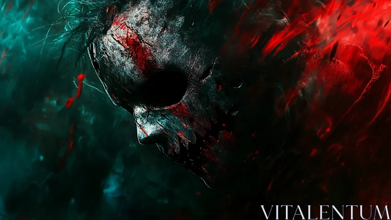 Haunted skull mask emerges through swirling red smoke
