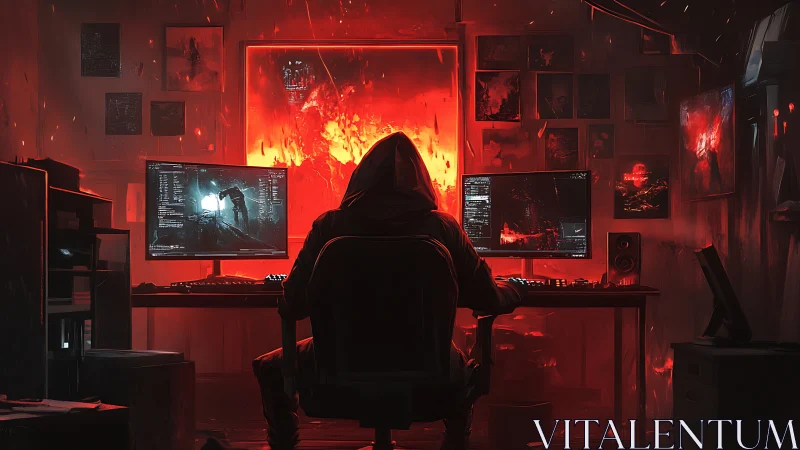 Hooded cyber-operator at dual monitors in red infernal workspace.