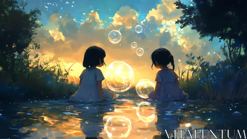 Backlit child figures observe luminous bubbles at reflective pond