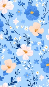Floral pattern with blue and pale peach flowers on light blue background.