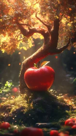 Enchanted red apple beneath twisted forest tree trunk.