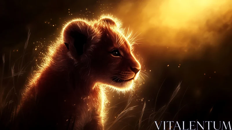 Young lion cub glowing softly in golden evening light.