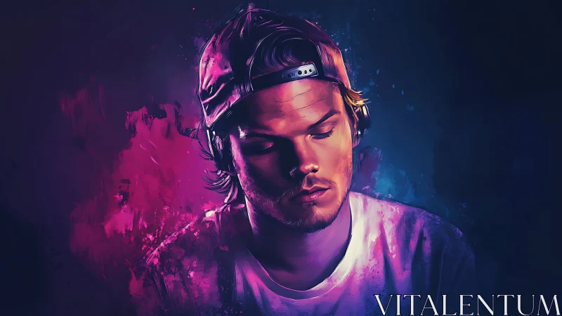 Moody digital portrait of young man in colorful light.