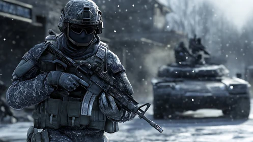 Tactical infantry operator advancing before armored column.