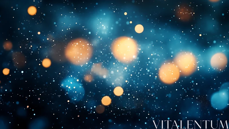 Soft blue background with warm bokeh light orbs and dust.