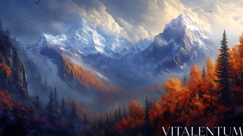 Snowcapped peaks rise over misty valley and autumn forest