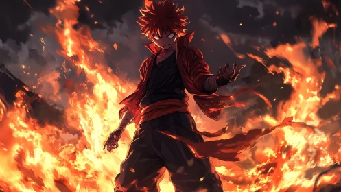 Fiery anime warrior commands raging flames in stormy night