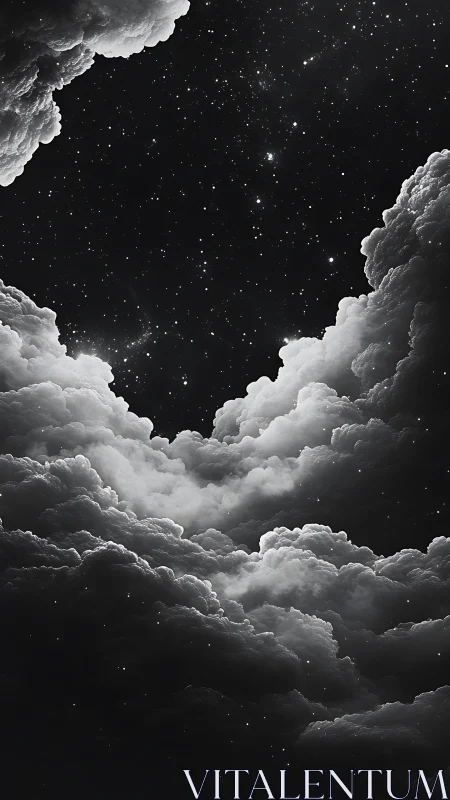 Monochrome cumulonimbus aperture revealing high-density starfield