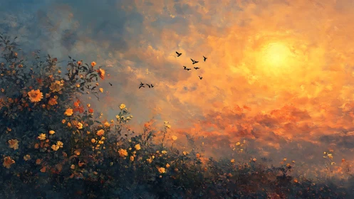 Sunlit wildflower horizon rendered in atmospheric oil strokes