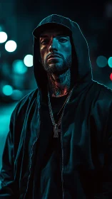 Hooded nightwalker glows in neon city twilight haze.