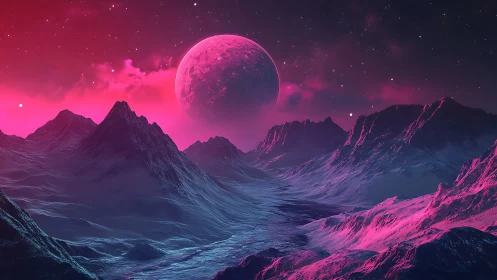 Neon magenta alien valley under luminous crescent planet.